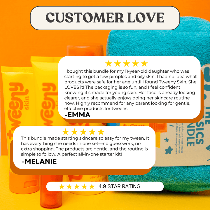 Image of the Tweeny Skin Basics Bundle with two five-star customer reviews overlaid. One review highlights a parent’s positive experience using the bundle for their 11-year-old with oily skin, praising its gentle and fun skincare routine. Another review celebrates the ease and simplicity of the all-in-one starter kit for tweens. Bold text shows a 4.9-star average rating. The image reinforces trust and showcases real parent feedback for this tween skincare set.