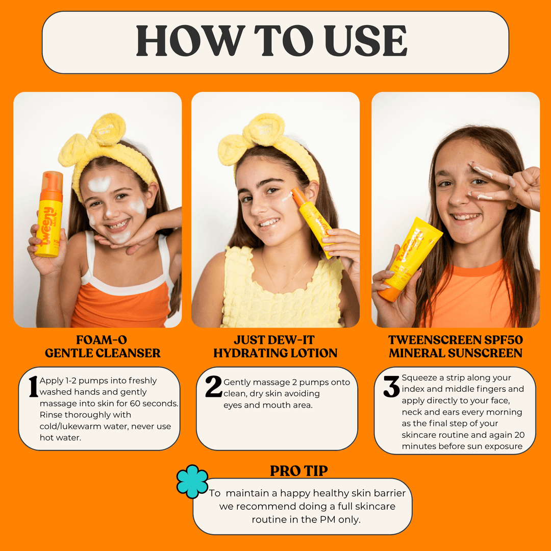 Step-by-step guide showing how to use the Tweeny Skin Basics Bundle for tweens. Includes three smiling girls demonstrating each step: cleansing with FOAM-O Gentle Cleanser, hydrating with Just Dew-It Hydrating Lotion, and protecting with TweenScreen SPF50 Mineral Sunscreen. Each step includes instructions and visuals, with a pro tip encouraging a full PM routine for a healthy skin barrier.