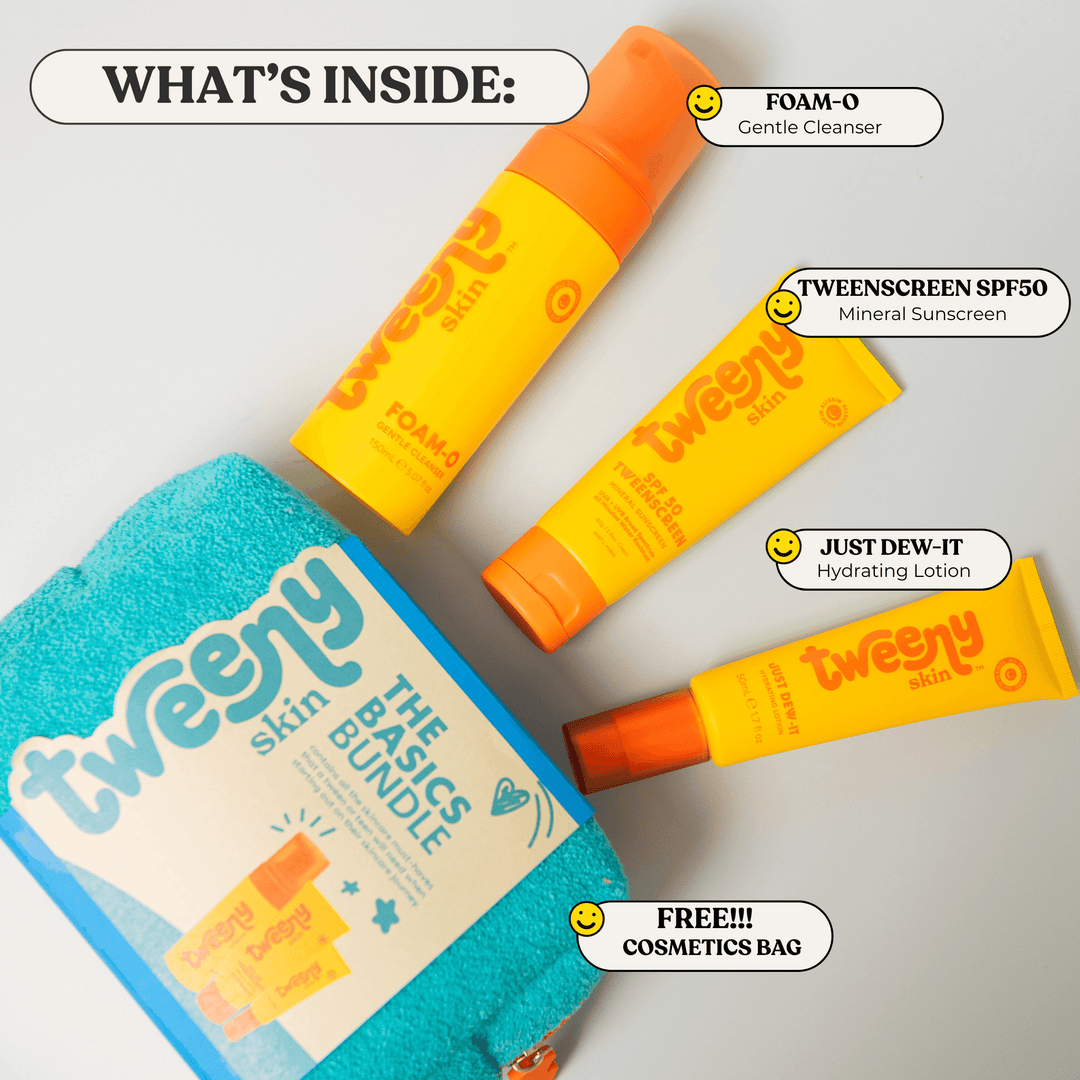Flat lay infographic of the Tweeny Skin Basics Bundle featuring three tween-friendly skincare products: FOAM-O Gentle Cleanser, TweenScreen SPF50 Mineral Sunscreen, and Just Dew-It Hydrating Lotion — plus a free bright turquoise cosmetics bag. Designed for tweens and teens with sensitive skin, this bundle offers a complete, gentle skincare routine in fun, bold packaging.
