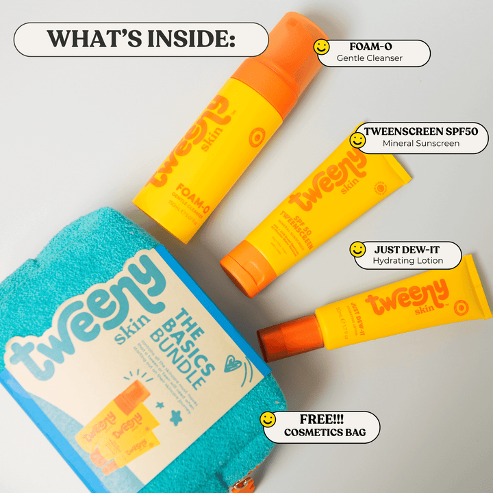 Flat lay infographic of the Tweeny Skin Basics Bundle featuring three tween-friendly skincare products: FOAM-O Gentle Cleanser, TweenScreen SPF50 Mineral Sunscreen, and Just Dew-It Hydrating Lotion — plus a free bright turquoise cosmetics bag. Designed for tweens and teens with sensitive skin, this bundle offers a complete, gentle skincare routine in fun, bold packaging.