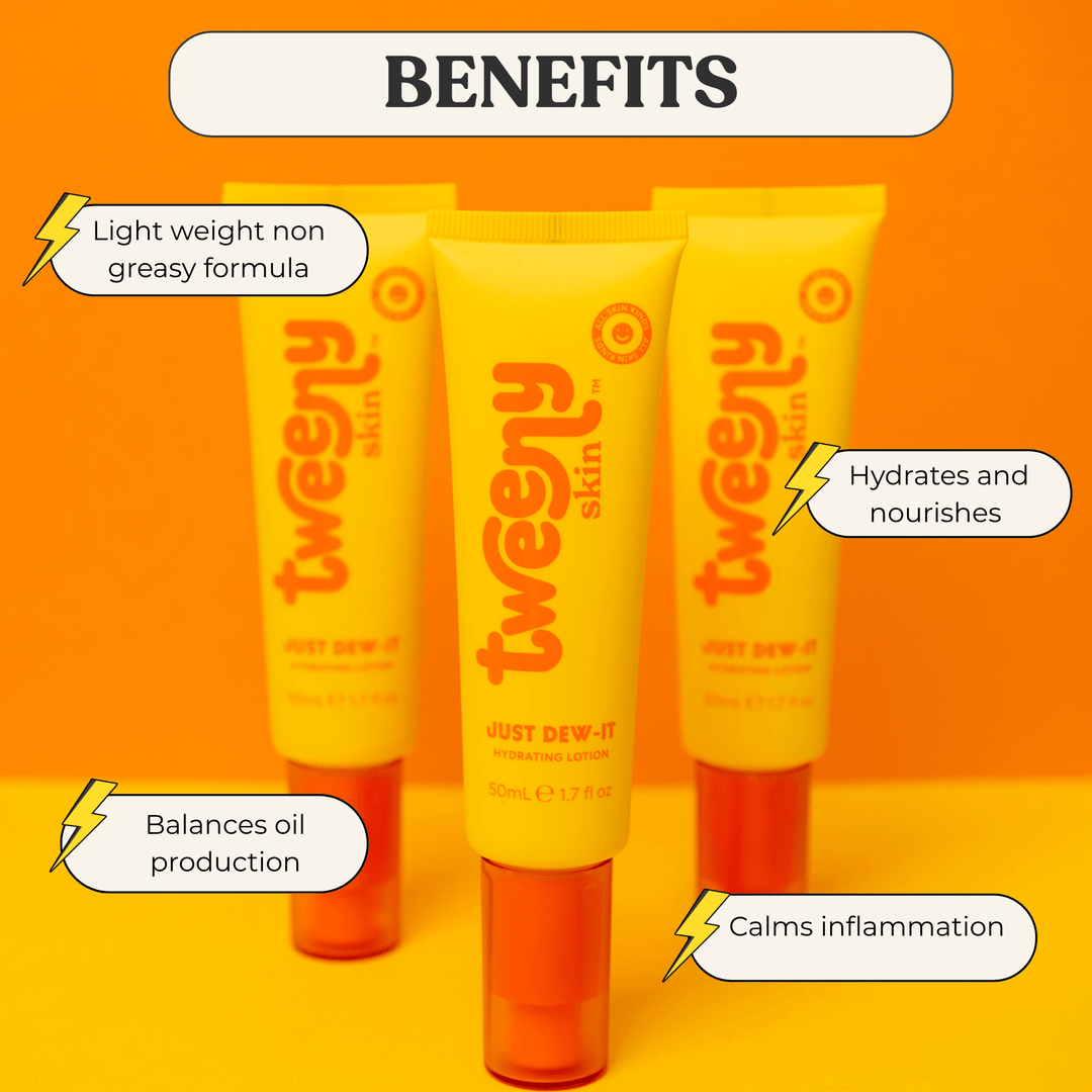 Infographic featuring Tweeny Skin Just Dew-It Hydrating Lotion with three bright yellow tubes on an orange background. Highlighted benefits include: lightweight non-greasy formula, hydrates and nourishes, balances oil production, and calms inflammation. Ideal daily moisturiser for tweens and teens with sensitive or breakout-prone skin.
