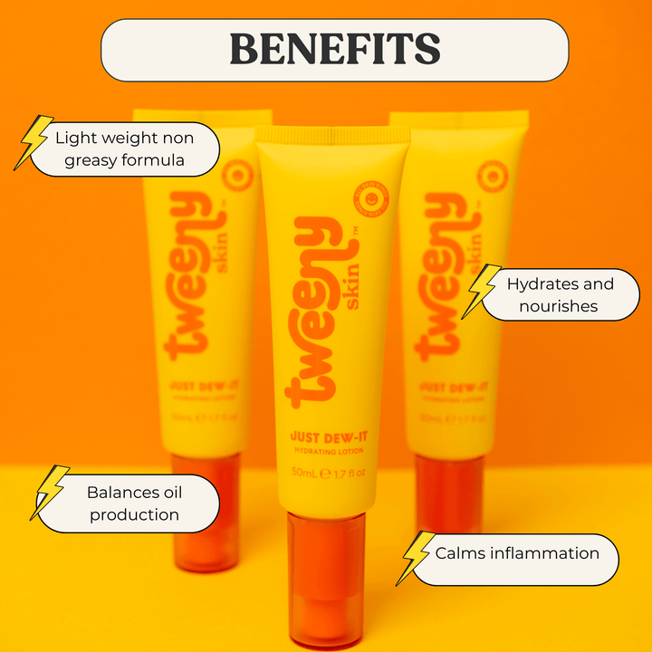 Infographic featuring Tweeny Skin Just Dew-It Hydrating Lotion with three bright yellow tubes on an orange background. Highlighted benefits include: lightweight non-greasy formula, hydrates and nourishes, balances oil production, and calms inflammation. Ideal daily moisturiser for tweens and teens with sensitive or breakout-prone skin.