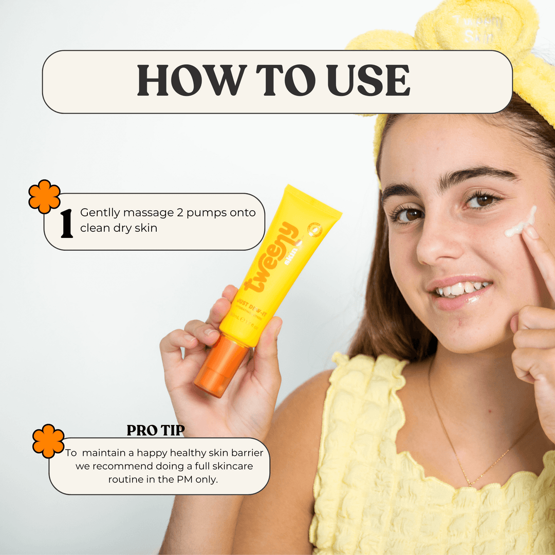 Tween girl applying Tweeny Skin Just Dew-It Hydrating Lotion while holding the yellow and orange 50mL tube. Infographic text explains how to use: gently massage 2 pumps onto clean, dry skin. Pro tip suggests using a full skincare routine in the evening only to maintain a healthy skin barrier. Ideal moisturiser for tweens and teens with sensitive skin.