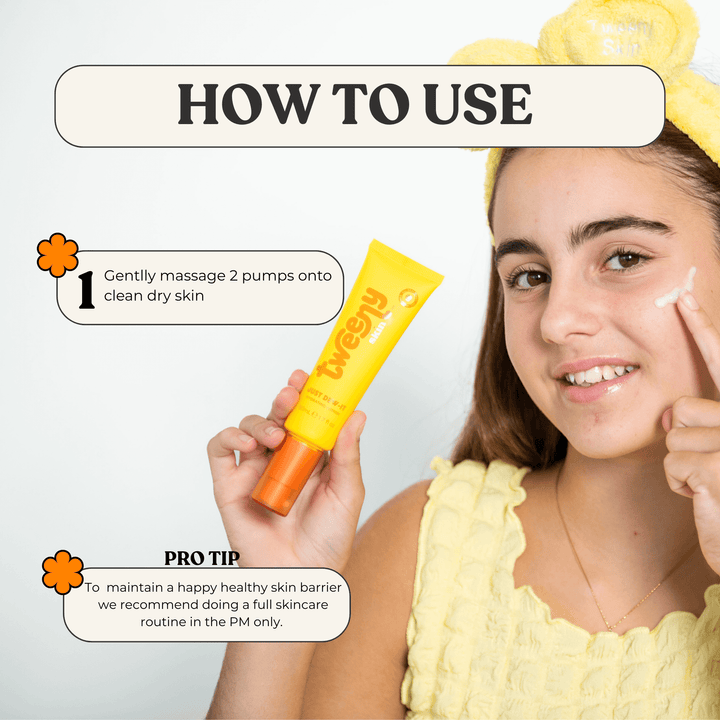 Tween girl applying Tweeny Skin Just Dew-It Hydrating Lotion while holding the yellow and orange 50mL tube. Infographic text explains how to use: gently massage 2 pumps onto clean, dry skin. Pro tip suggests using a full skincare routine in the evening only to maintain a healthy skin barrier. Ideal moisturiser for tweens and teens with sensitive skin.