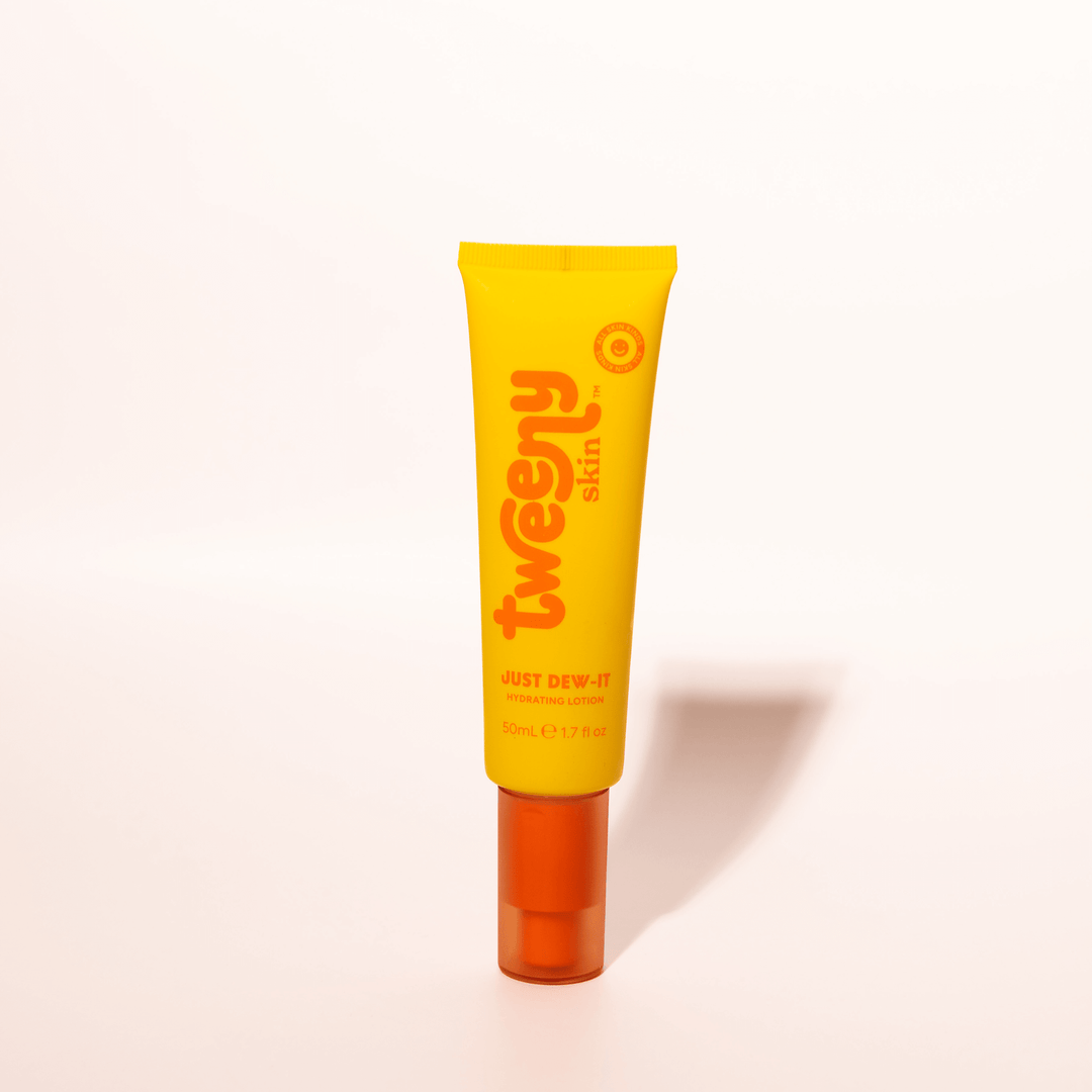 Tweeny Skin Just Dew-It Hydrating Lotion for tweens and teens – bright yellow and orange 50mL tube designed for young, sensitive skin. Lightweight, non-greasy moisturiser perfect for daily hydration.