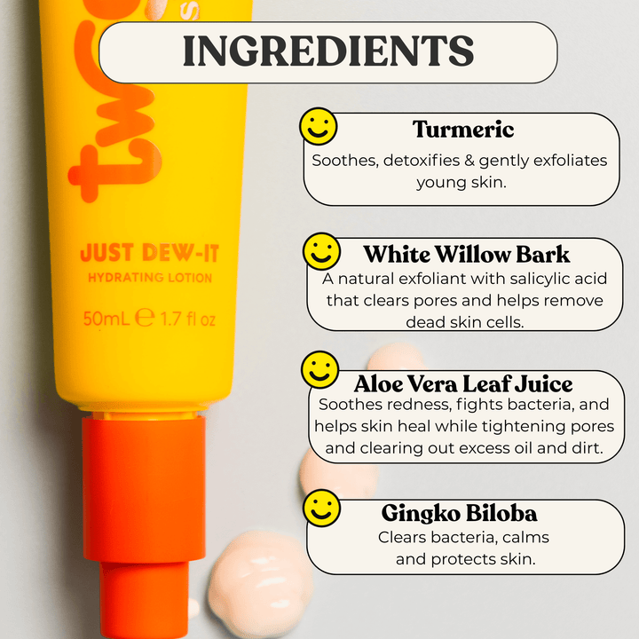 Tweeny Skin Just Dew-It Hydrating Lotion ingredient infographic featuring key skincare ingredients for tweens and teens: Turmeric to soothe and exfoliate, White Willow Bark to clear pores, Aloe Vera Leaf Juice to calm and hydrate, and Ginkgo Biloba to protect and reduce bacteria—ideal for young, sensitive skin. Bright yellow and orange product tube shown alongside lotion swatches.