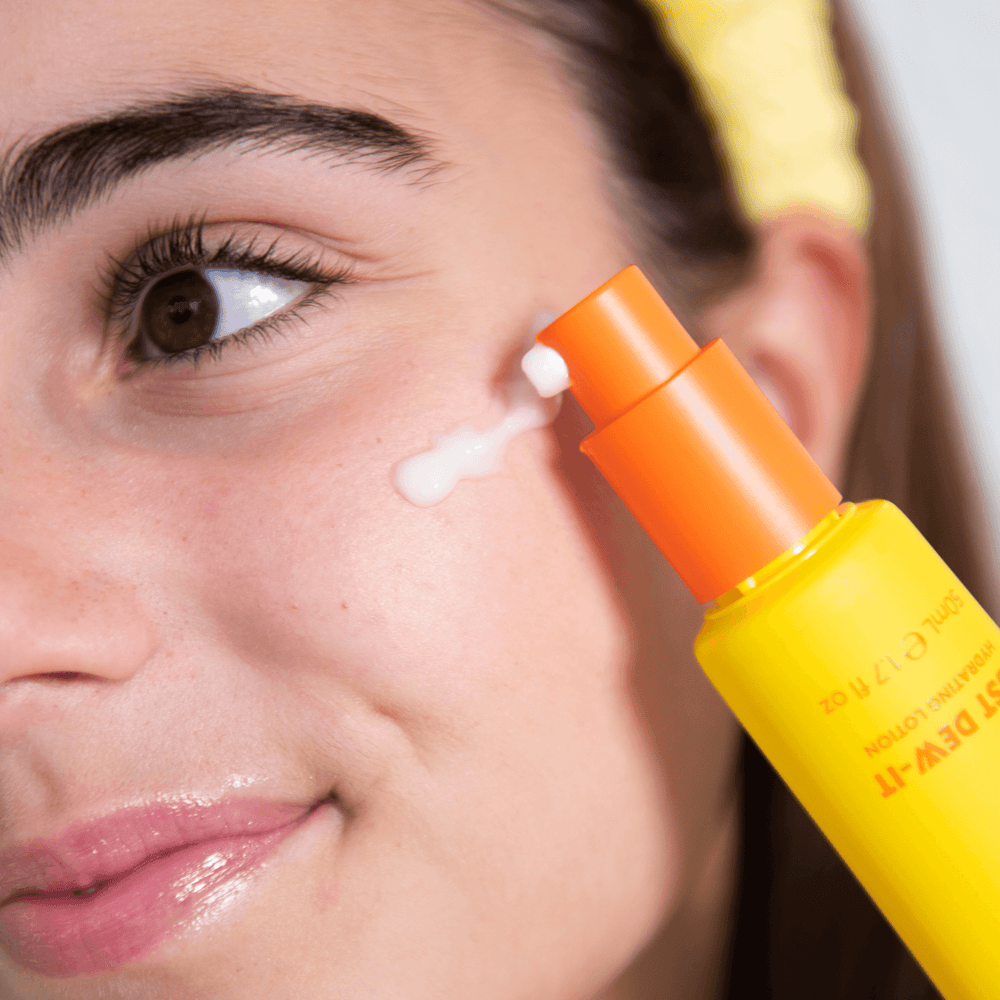 Tween applying Just Dew It Hydrating Lotion by Tweeny Skin to her cheek, showing lightweight texture and gentle skincare for young, sensitive skin.