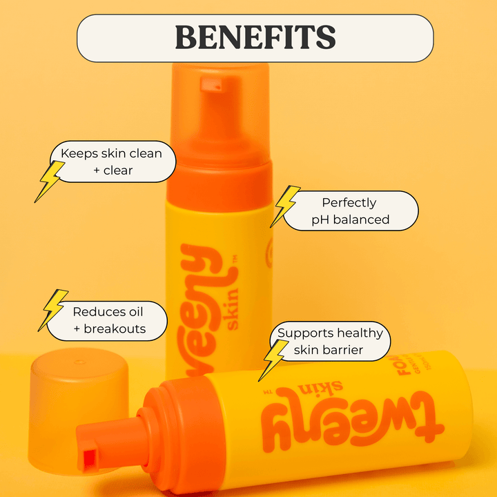 Bright and playful product image of Tweeny Skin's FOAM-O Gentle Cleanser bottle in yellow and orange, surrounded by soft white foam. The text highlights four benefits: "Keeps skin clean + clear," "Reduces oil + breakouts," "Perfectly pH balanced," and "Supports healthy skin barrier," each accompanied by a small lightning bolt icon. A bold header at the top reads "BENEFITS.