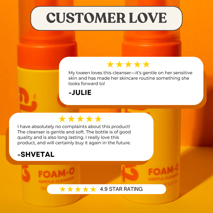 Image showing two 5-star customer reviews for Tweeny Skin’s FOAM-O Gentle Cleanser, praising its gentleness, quality, and how it helps tweens enjoy their skincare routine. Background features bright orange bottles. Text at the bottom says “4.9 STAR RATING.”