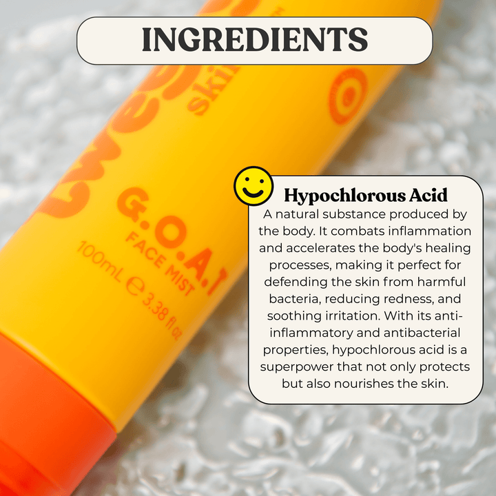 Close-up of Tweeny Skin G.O.A.T. Face Mist bottle in bright yellow and orange, with a label reading “INGREDIENTS.” A callout highlights Hypochlorous Acid, describing it as a natural antibacterial and anti-inflammatory ingredient that soothes, heals, and protects the skin.