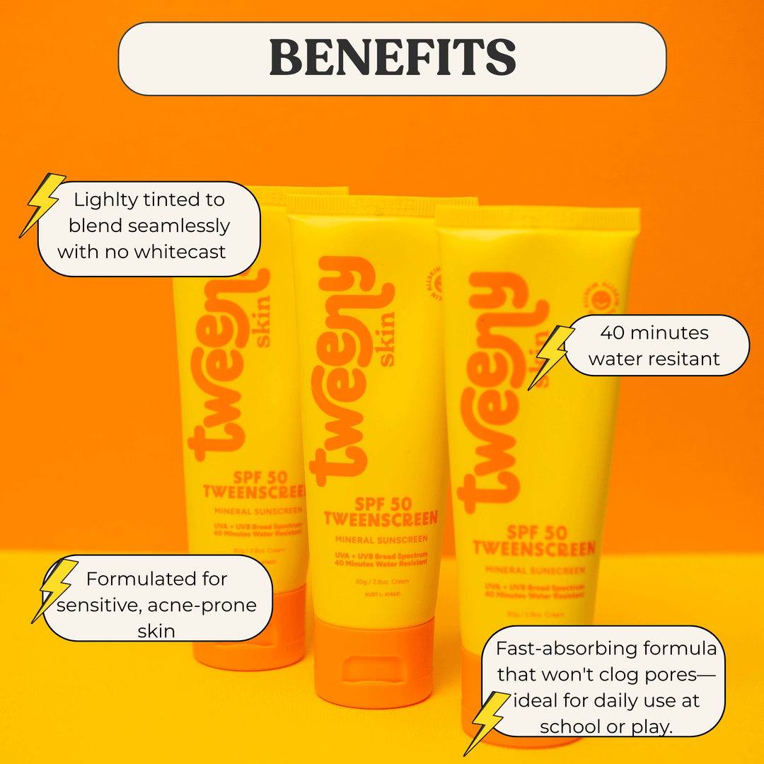 Image showing three yellow tubes of Tweeny Skin SPF 50 TweenScreen sunscreen against an orange background, with callouts highlighting benefits: lightly tinted with no whitecast, 40 minutes water resistant, formulated for sensitive, acne-prone skin, and fast-absorbing formula that won’t clog pores—ideal for school or play.