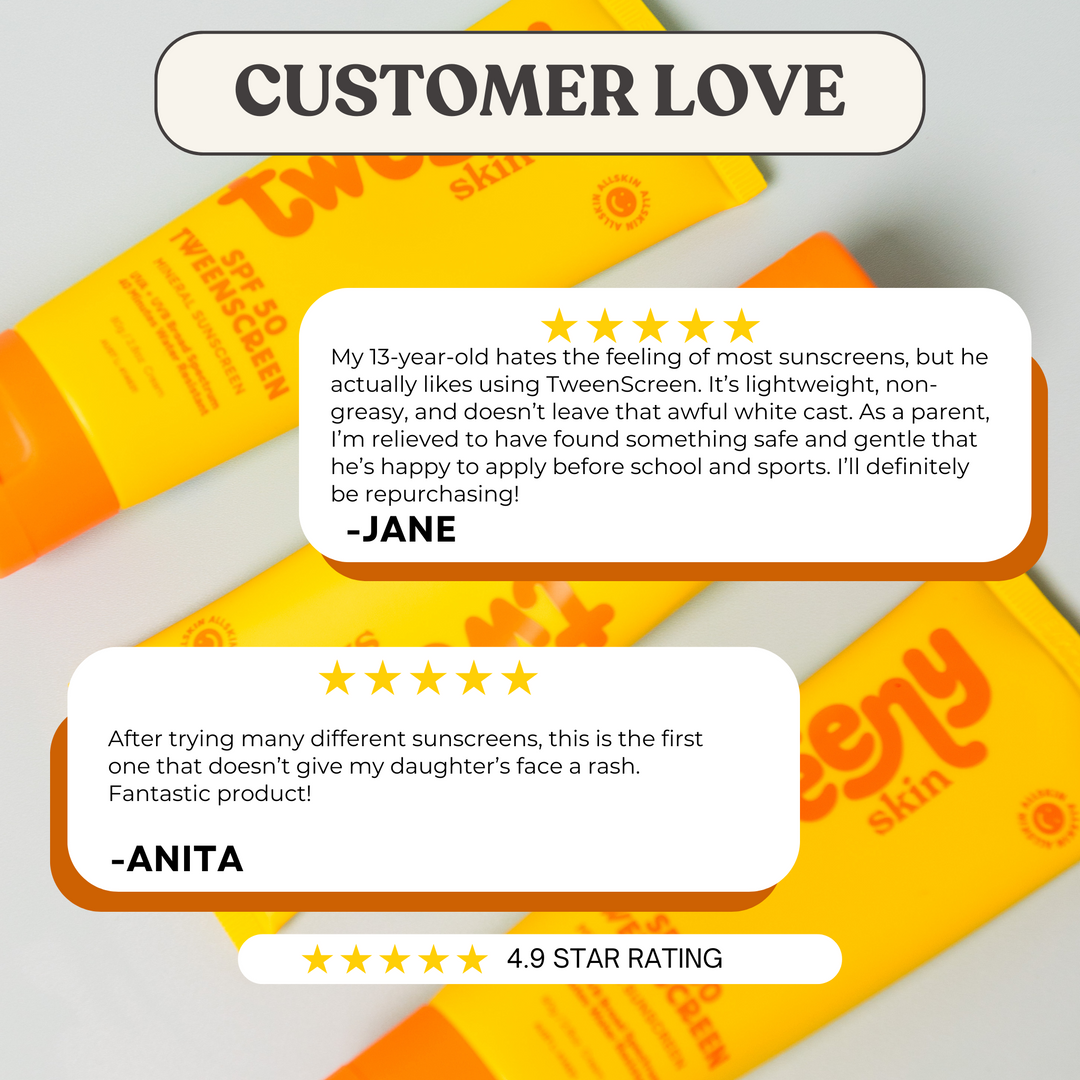 Graphic titled "Customer Love" featuring two 5-star reviews of Tweeny Skin TweenScreen SPF 50. One parent shares their 13-year-old son loves using it before school and sports, while another says it’s the only sunscreen that doesn’t cause a rash on their daughter. Background shows multiple yellow tubes of the product and a highlighted 4.9-star average rating.