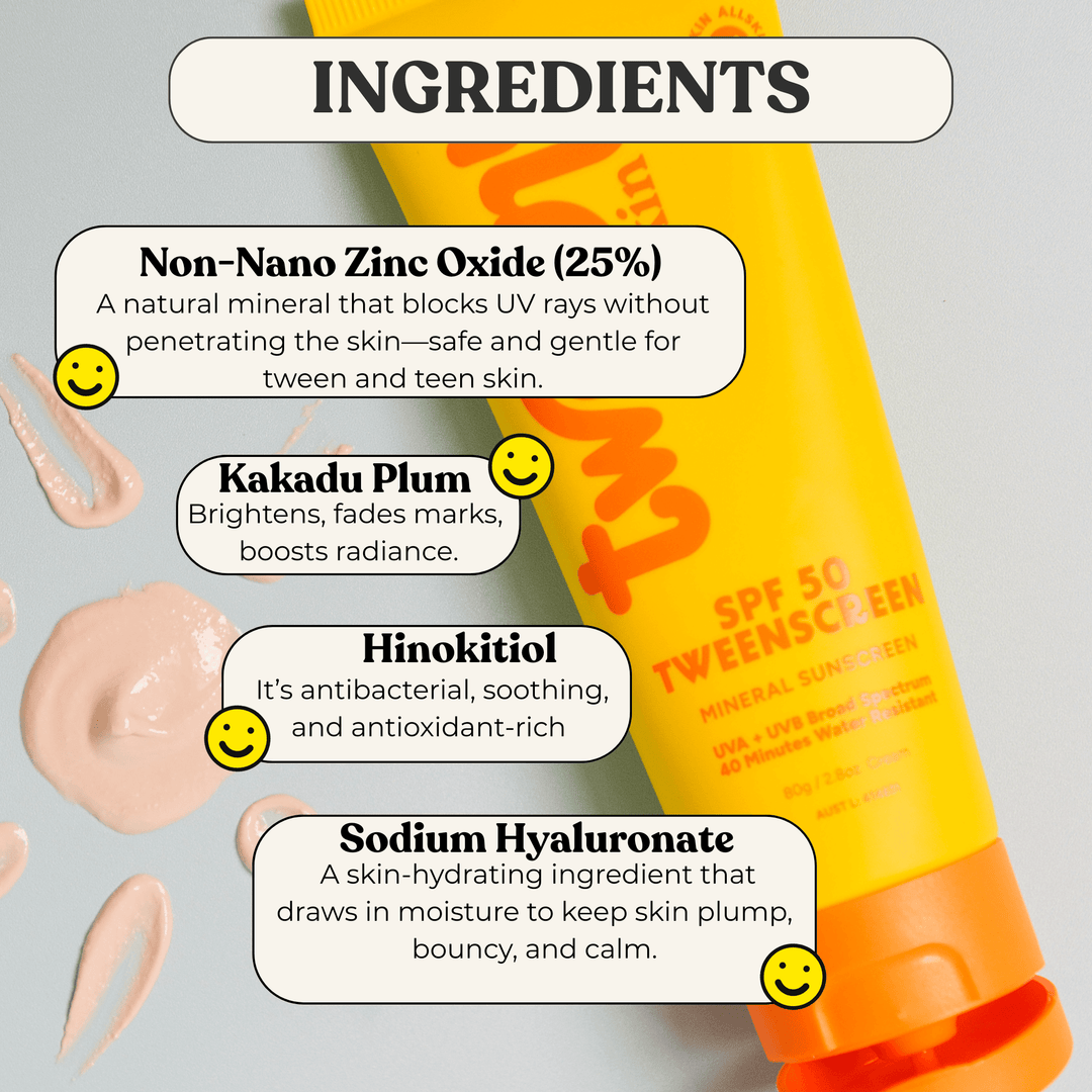 Infographic showing Tweeny Skin TweenScreen SPF 50 tube with text highlighting key ingredients and benefits: 25% Non-Nano Zinc Oxide for safe UV protection, Kakadu Plum to brighten and fade marks, Hinokitiol for antibacterial and soothing properties, and Sodium Hyaluronate to hydrate and plump skin. Pink sunscreen swatches are visible in the background.