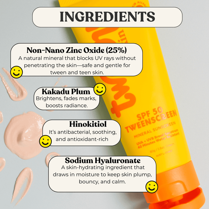 Infographic showing Tweeny Skin TweenScreen SPF 50 tube with text highlighting key ingredients and benefits: 25% Non-Nano Zinc Oxide for safe UV protection, Kakadu Plum to brighten and fade marks, Hinokitiol for antibacterial and soothing properties, and Sodium Hyaluronate to hydrate and plump skin. Pink sunscreen swatches are visible in the background.
