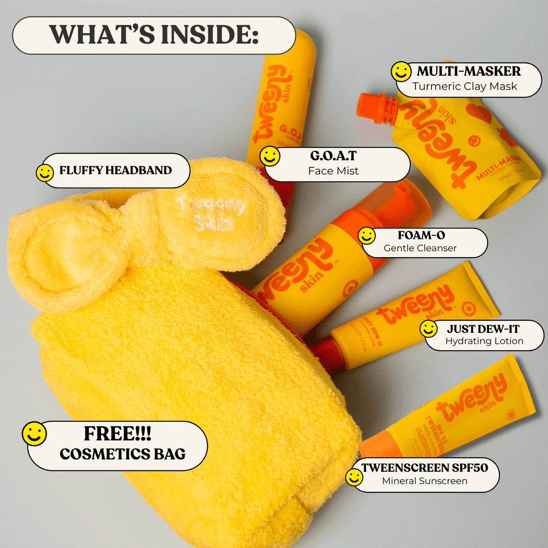 Flat lay image showing what’s inside the Tweeny Skin Essentials Bundle — a complete skincare set for tweens and teens. Includes the FOAM-O Gentle Cleanser, Just Dew-It Hydrating Lotion, TweenScreen SPF50 Mineral Sunscreen, G.O.A.T. Face Mist, Multi-Masker Turmeric Clay Mask, a fluffy yellow Tweeny Skin headband, and a matching cosmetics bag. All products are gentle, fragrance-free, and designed for sensitive young skin to support a fun and easy skincare routine.