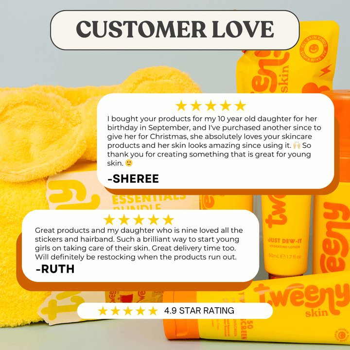 Image showcasing two glowing 5-star customer reviews for the Tweeny Skin Essentials Bundle. Reviewers highlight how the skincare set is loved by their 9- and 10-year-old daughters, praising the fun packaging, gentle products, and positive skin results. The background displays the bright yellow bundle contents including the headband and skincare products, with a bold “4.9 Star Rating” badge at the bottom.