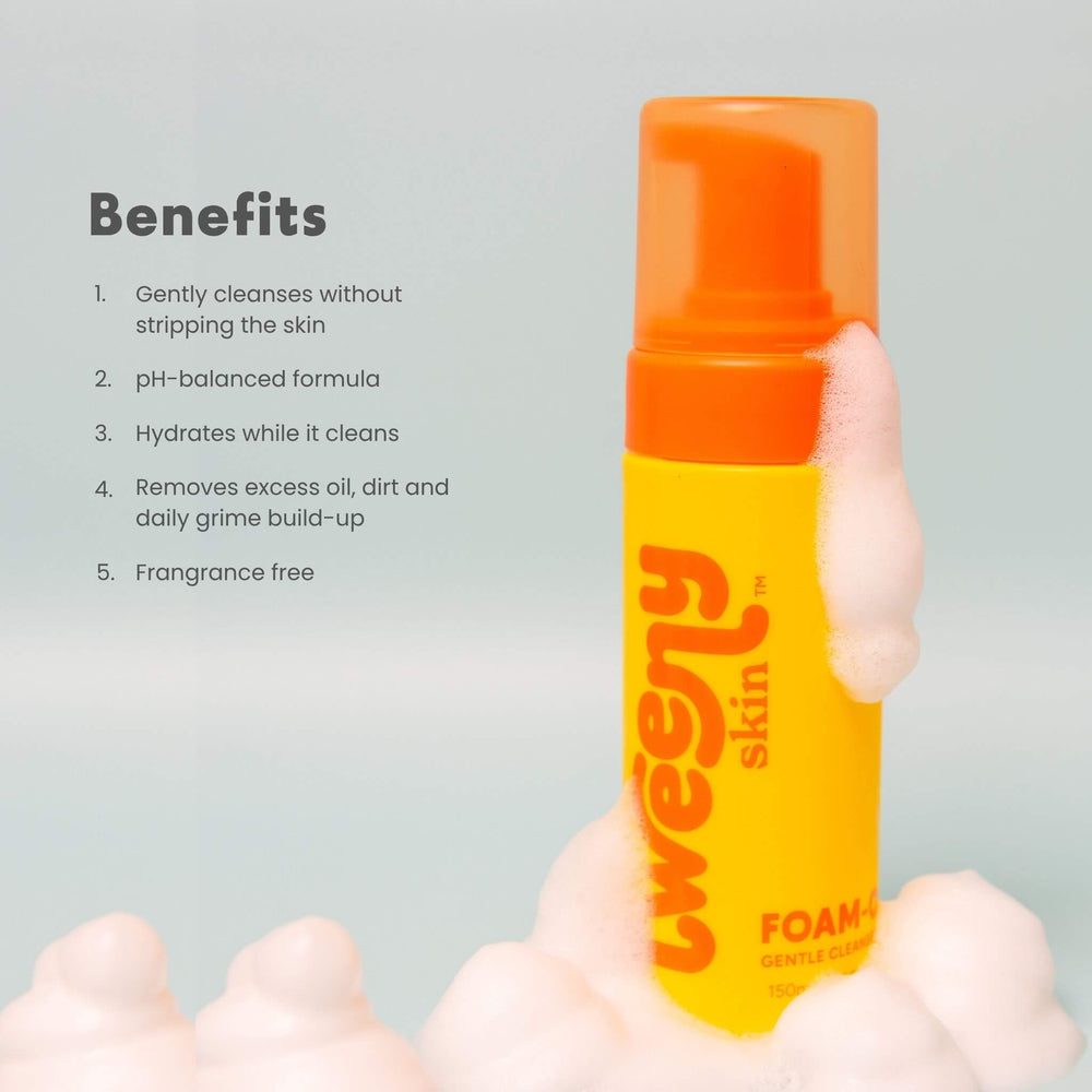 Foam-O Gentle Cleanser by Tweeny Skin with foam texture, pH-balanced fragrance-free face wash for tween and teen skincare routine
