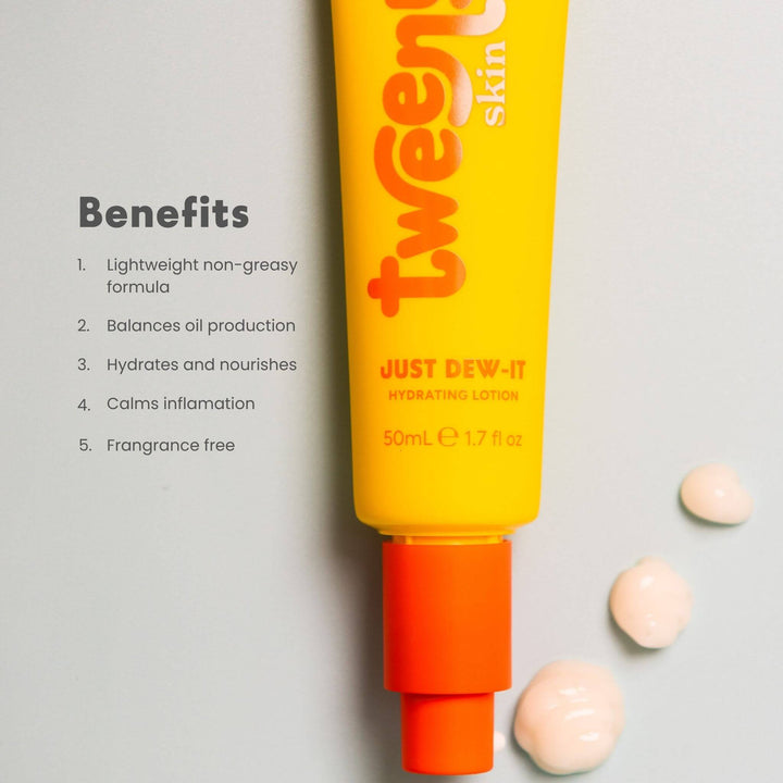 Just Dew-It Hydrating Lotion by Tweeny Skin with lightweight texture, non-greasy fragrance-free moisturiser for tween and teen skincare routine