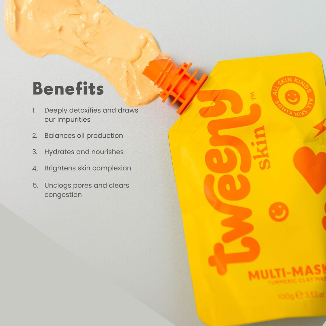 Multi-Masker turmeric clay face mask by Tweeny Skin with rich texture, detoxifying mask for tween and teen skincare to unclog pores and balance oil
