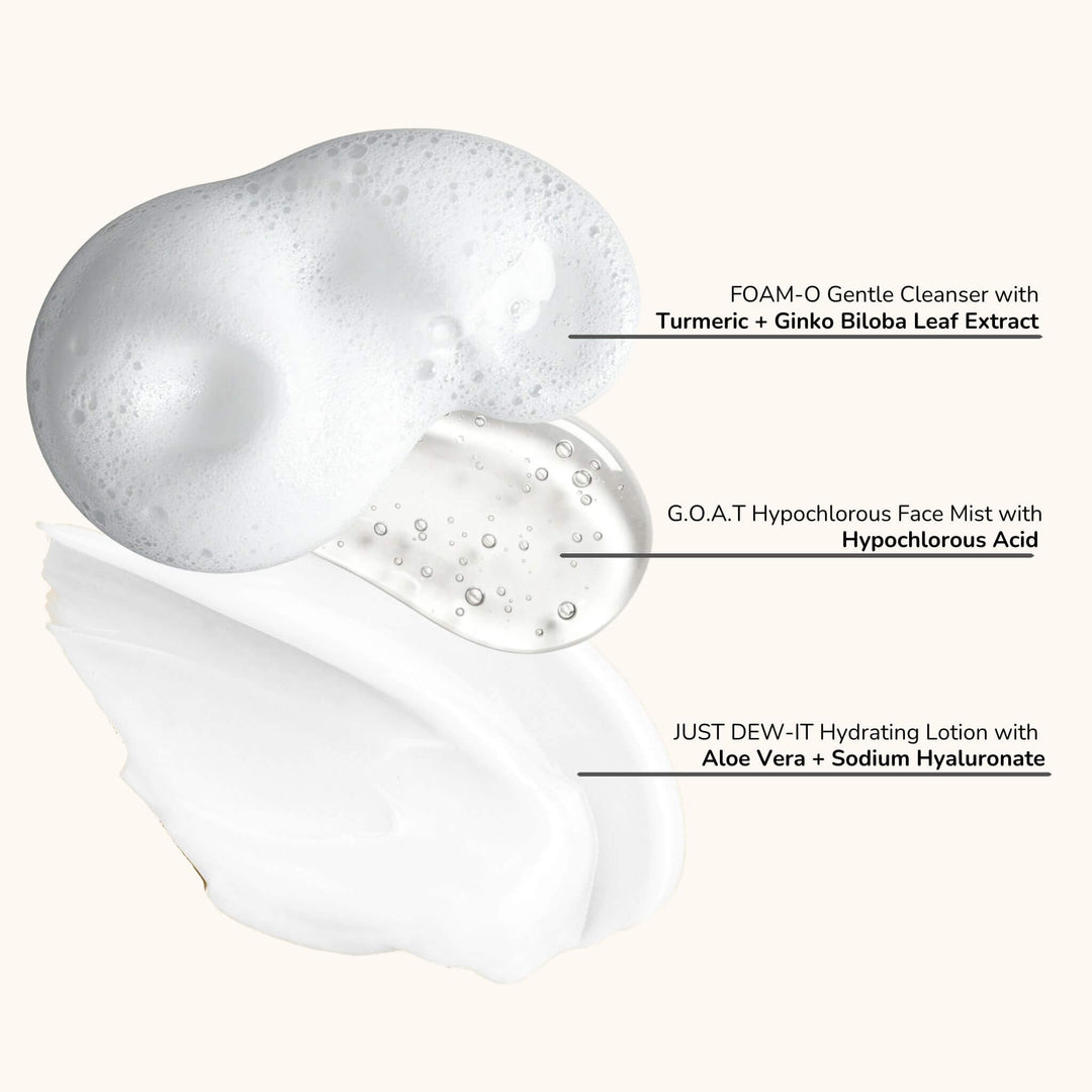 Skincare texture swatches showing Foam-O Gentle Cleanser GOAT Hypochlorous Face Mist and Just Dew-It Hydrating Lotion with turmeric hypochlorous acid and hyaluronic acid for tween and teen skin