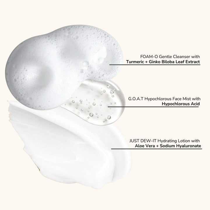 Skincare texture swatches showing Foam-O Gentle Cleanser GOAT Hypochlorous Face Mist and Just Dew-It Hydrating Lotion with turmeric hypochlorous acid and hyaluronic acid for tween and teen skin