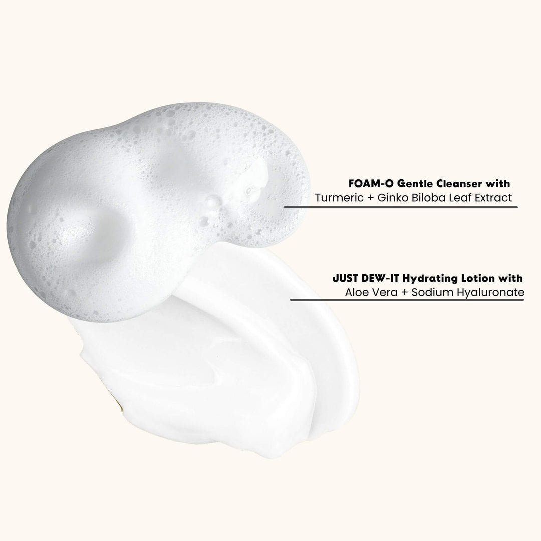 Skincare texture swatches of Foam-O Gentle Cleanser and Just Dew-It Hydrating Lotion with turmeric and hyaluronic acid for tween and teen skincare