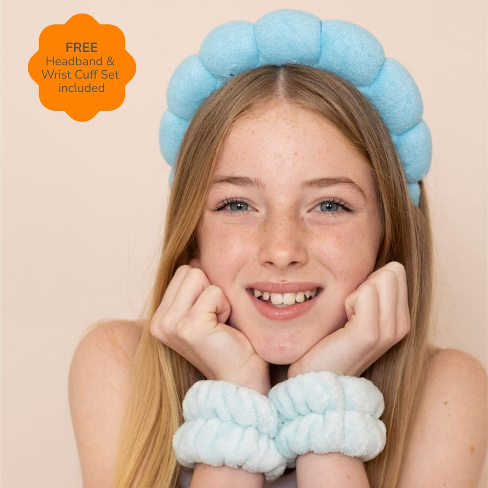Tween girl wearing Bubble Twist Headband and Wrist Cuffs from the Ready Set Glow Tween and Teen skincare bundle | Tweeny Skin Australia