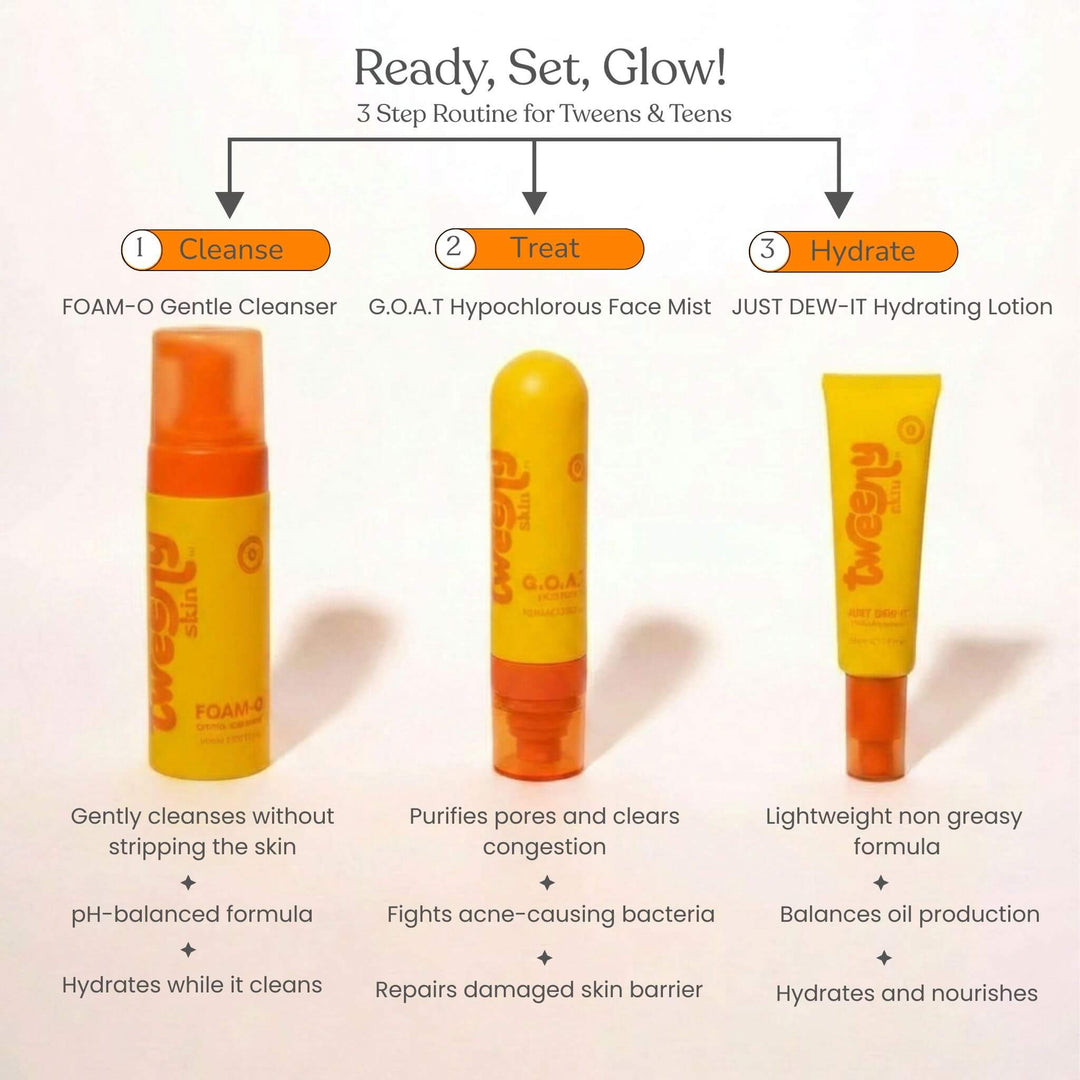 3 step tween and teen skincare routine showing cleanse treat hydrate with Foam-O Gentle Cleanser GOAT Hypochlorous Face Mist and Just Dew-It Hydrating Lotion