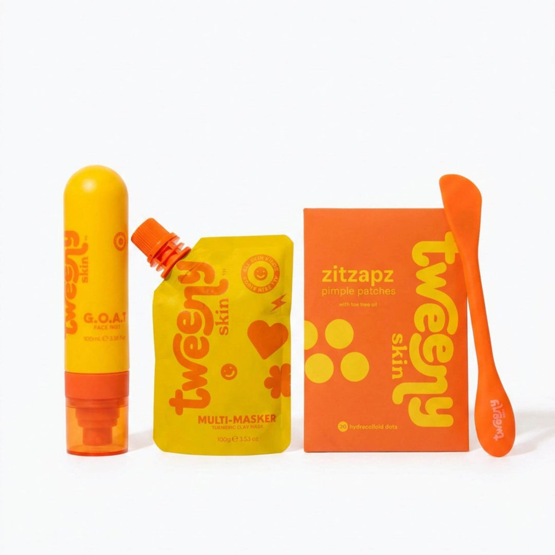Tweeny Skin acne skincare set featuring GOAT Hypochlorous Face Mist Multi-Masker Turmeric Clay Mask and ZitZapz pimple patches for tween and teen acne routine