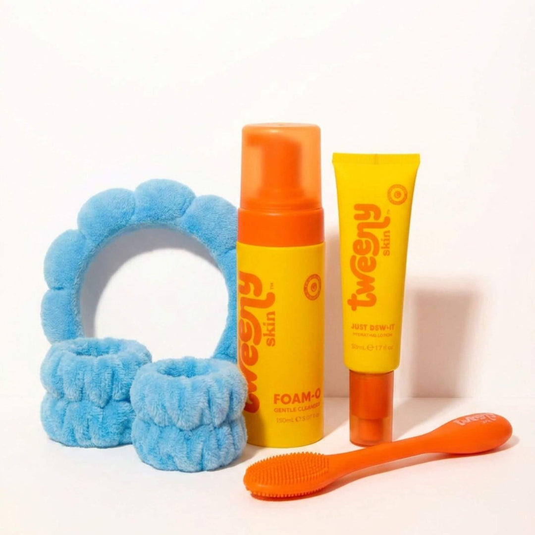 Tweeny Skin skincare bundle featuring Foam-O Gentle Cleanser Just Dew-It Hydrating Lotion silicone cleansing brush and blue headband and wristbands for tween and teen routine