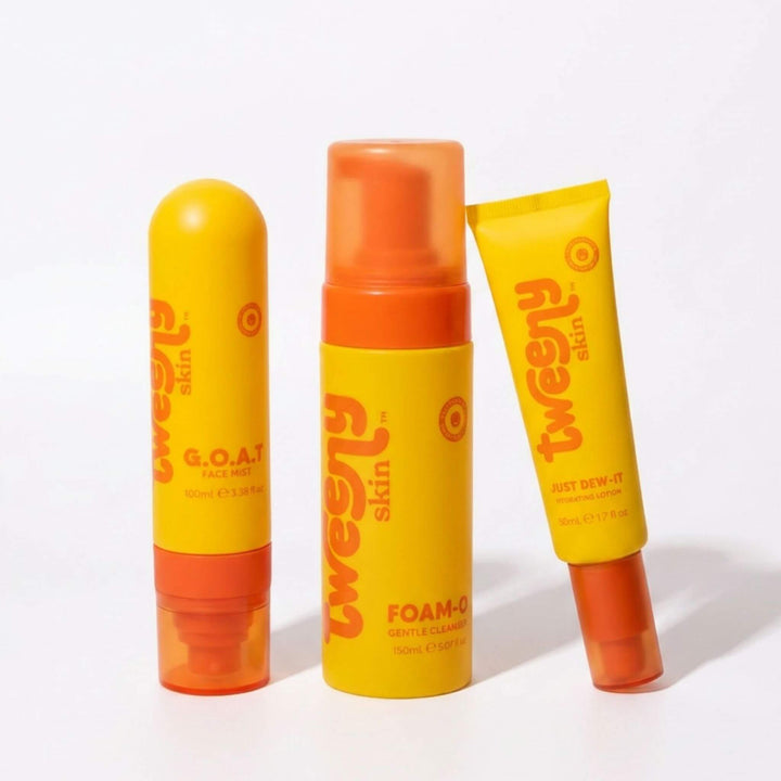 Tweeny Skin skincare set featuring Foam-O Gentle Cleanser GOAT Hypochlorous Face Mist and Just Dew-It Hydrating Lotion for tween and teen skincare routine Australia